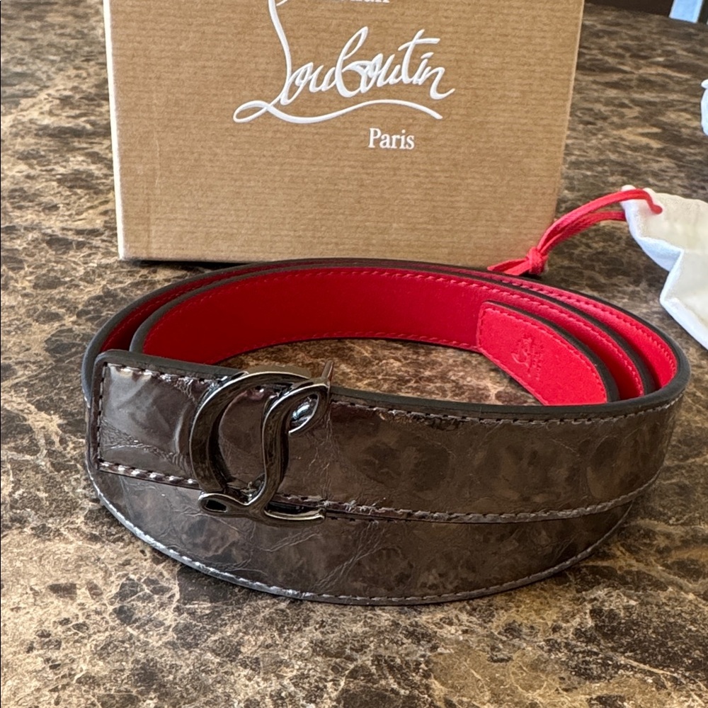 Christian Louboutin cl logo belt SILVER ANTHRACITE belt sz 90/35 with box
